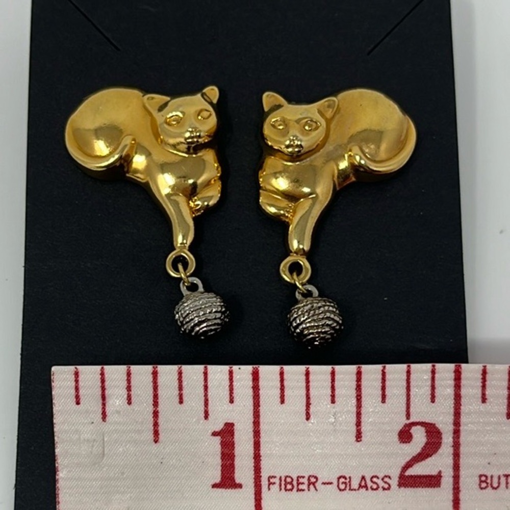Gold Tone Cat Earrings with Silver Tone Accents - Picture 5 of 7